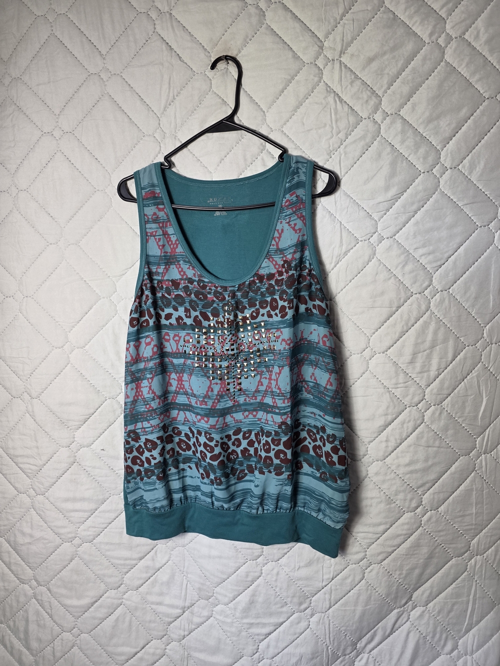 Roper Sz XL Sleeveless Cowgirl Blouse Teal Patterned Tank Top Stud Detail